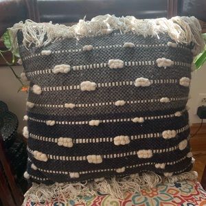 Textured black and white fringe throw pillow
